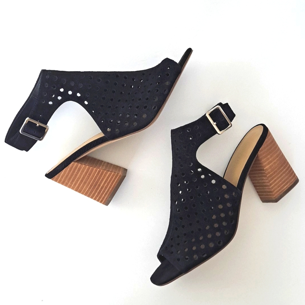 Marc Fisher Laser Cut Suede Ankle Strap Buckle Block Heels Sandals Booties 9M